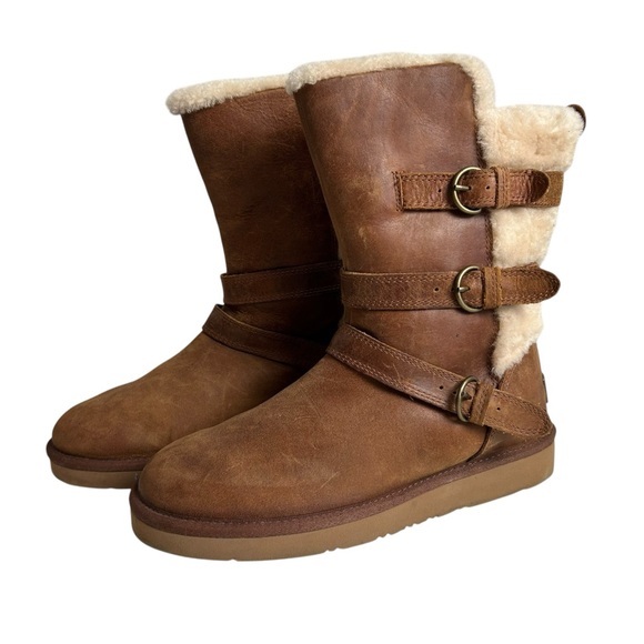 UGG Australia Women’s Tan 3 Buckle Leather Sheepskin Fur Lined Boots Size US 8 - Picture 3 of 8